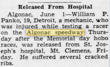 Algonac Speedway - June 1940 Article On Injury At The Track